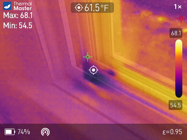 Thermal imaging reveals cold air and moisture infiltration around a window frame — invisible to the naked eye but detectable before listing.
